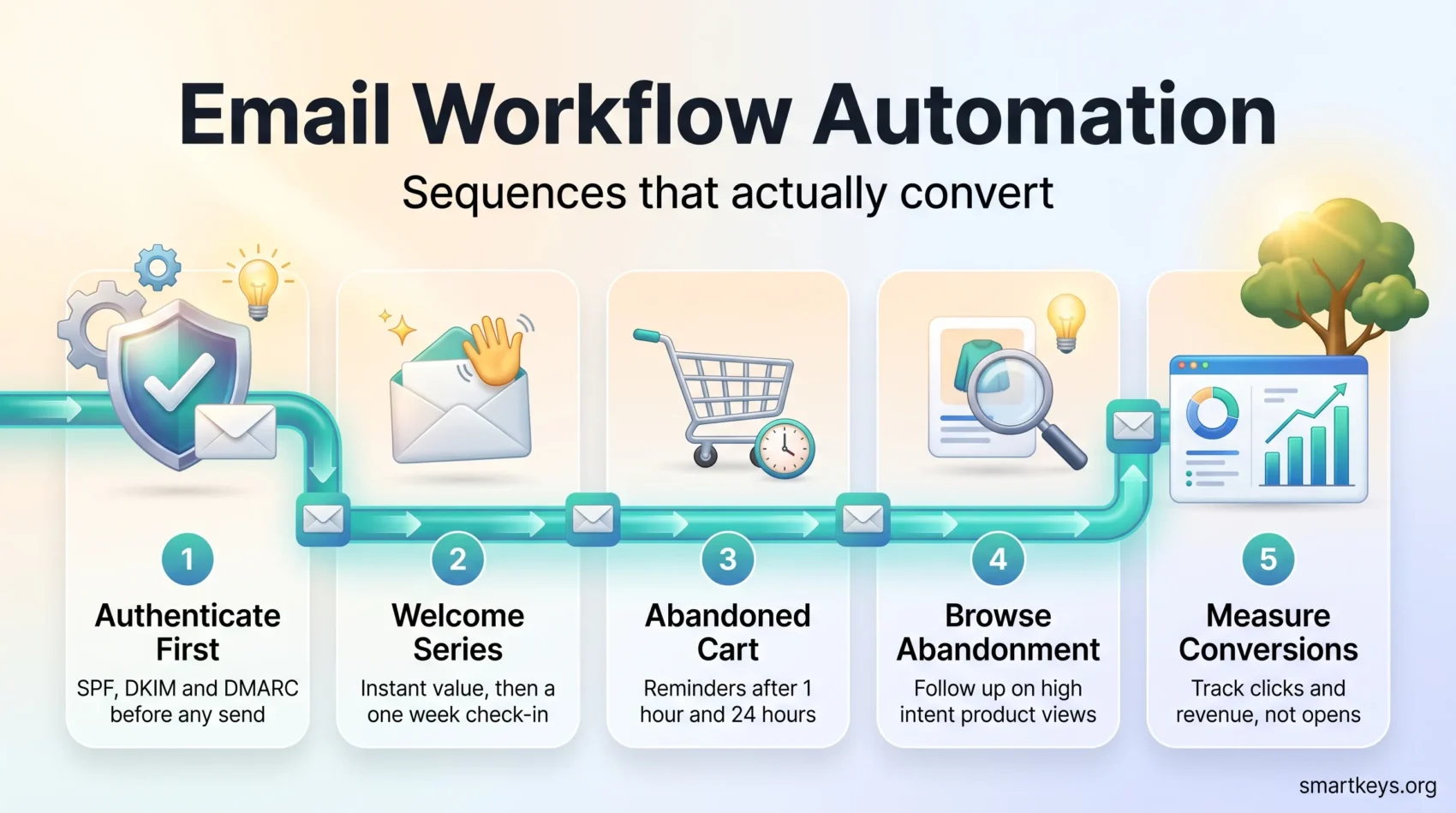 Email workflow automation infographic: authenticate first, then welcome series, abandoned cart and browse abandonment flows, measured by clicks and revenue.