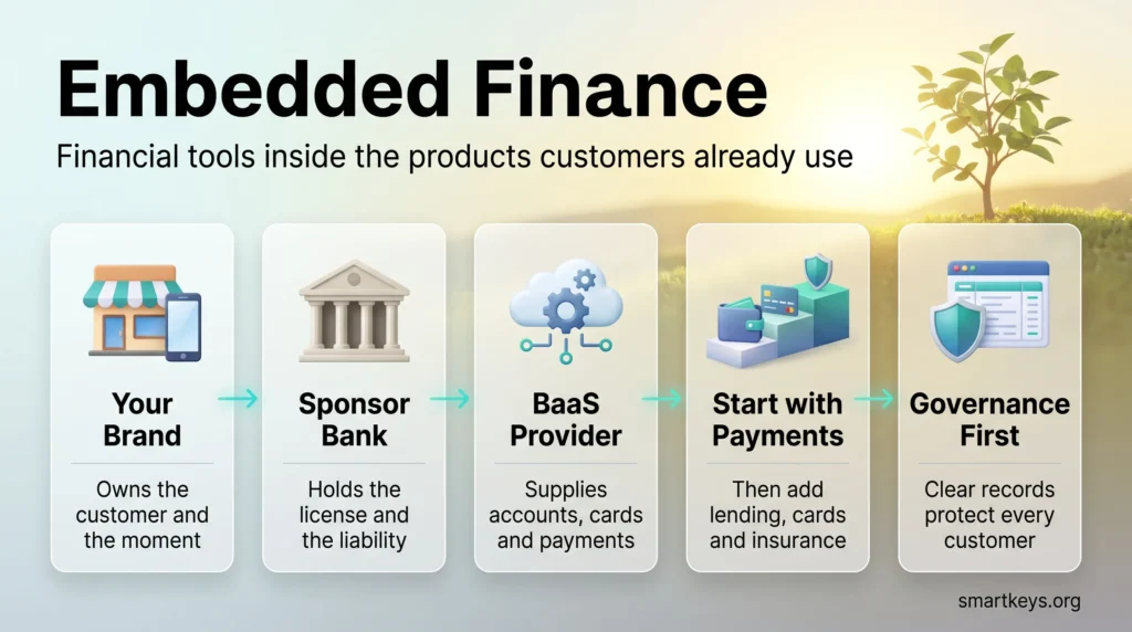 Embedded finance infographic showing how a brand, sponsor bank and BaaS provider work together, starting with payments and putting governance first.