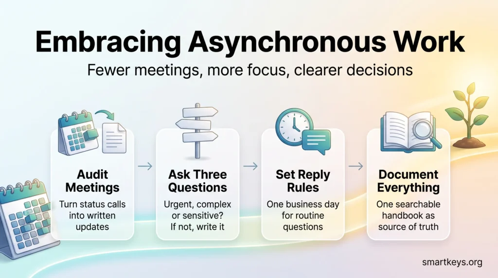 Infographic on embracing asynchronous work: audit meetings, ask three questions, set reply rules and document everything in one handbook.