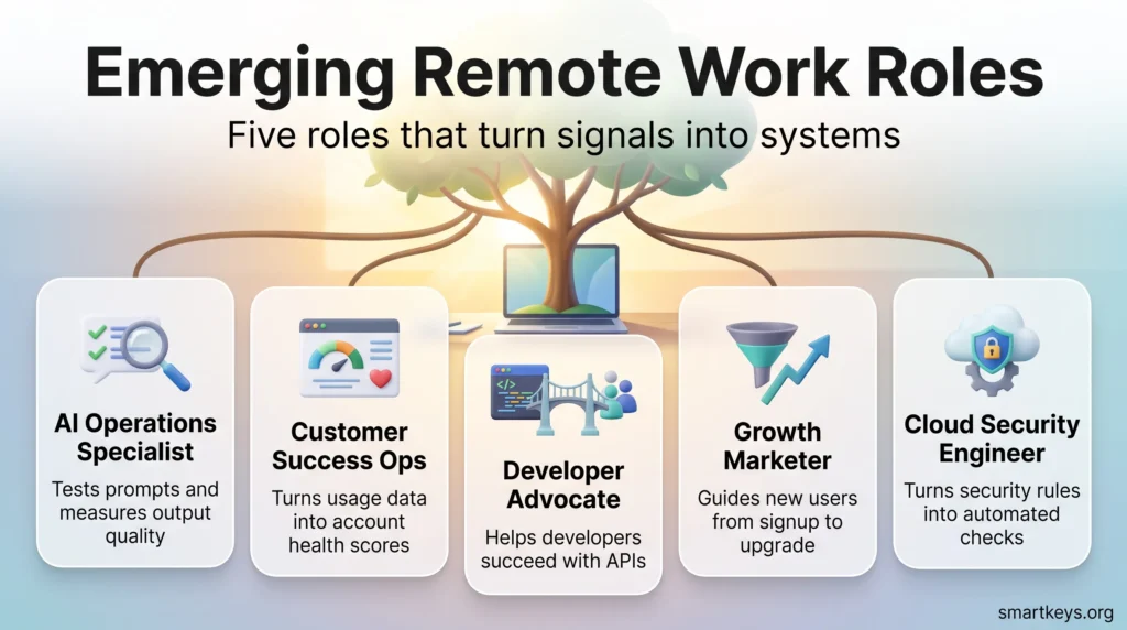 Infographic of emerging remote work roles: AI operations specialist, customer success ops, developer advocate, growth marketer and cloud security engineer.