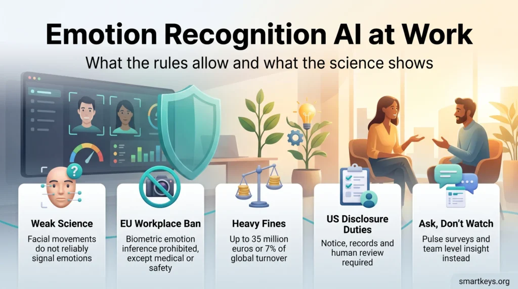 Infographic on emotion recognition AI at work: weak science, EU workplace ban, heavy fines, US disclosure duties and asking employees instead of watching them.