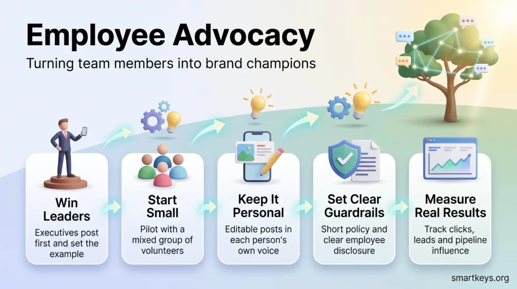 Employee advocacy infographic showing five steps from winning leaders and starting small to personal posts, clear guardrails and measuring results.