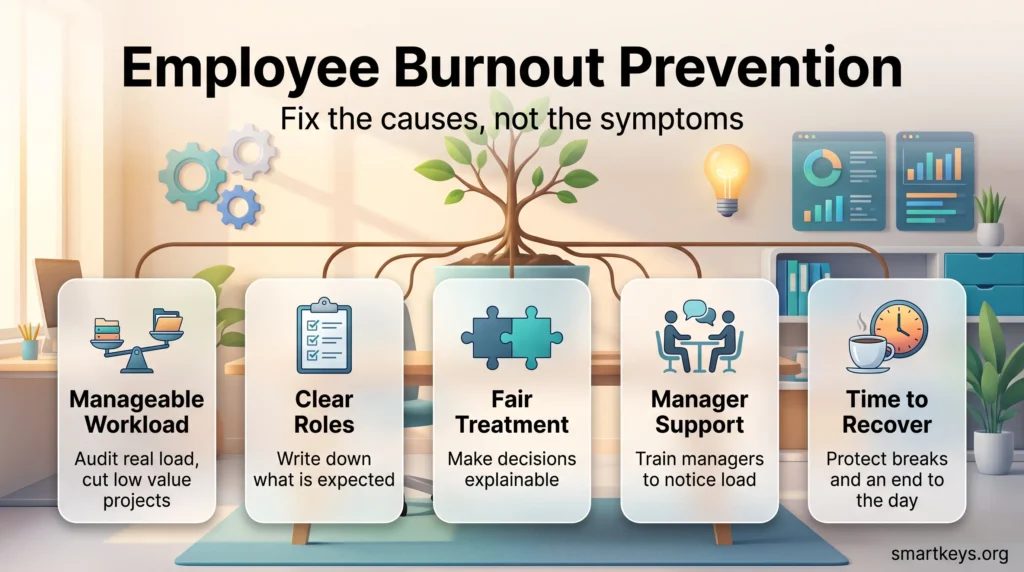 Infographic on employee burnout prevention: manageable workload, clear roles, fair treatment, manager support and time to recover.