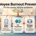 Infographic on employee burnout prevention: manageable workload, clear roles, fair treatment, manager support and time to recover.