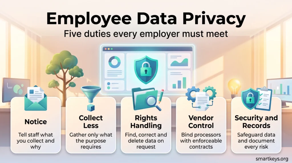 Employee data privacy infographic showing five employer duties: notice, collecting less, rights handling, vendor control, and security and records.