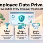 Employee data privacy infographic showing five employer duties: notice, collecting less, rights handling, vendor control, and security and records.