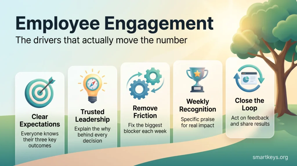 Employee engagement infographic with five drivers: clear expectations, trusted leadership, less friction, weekly recognition and closing the feedback loop