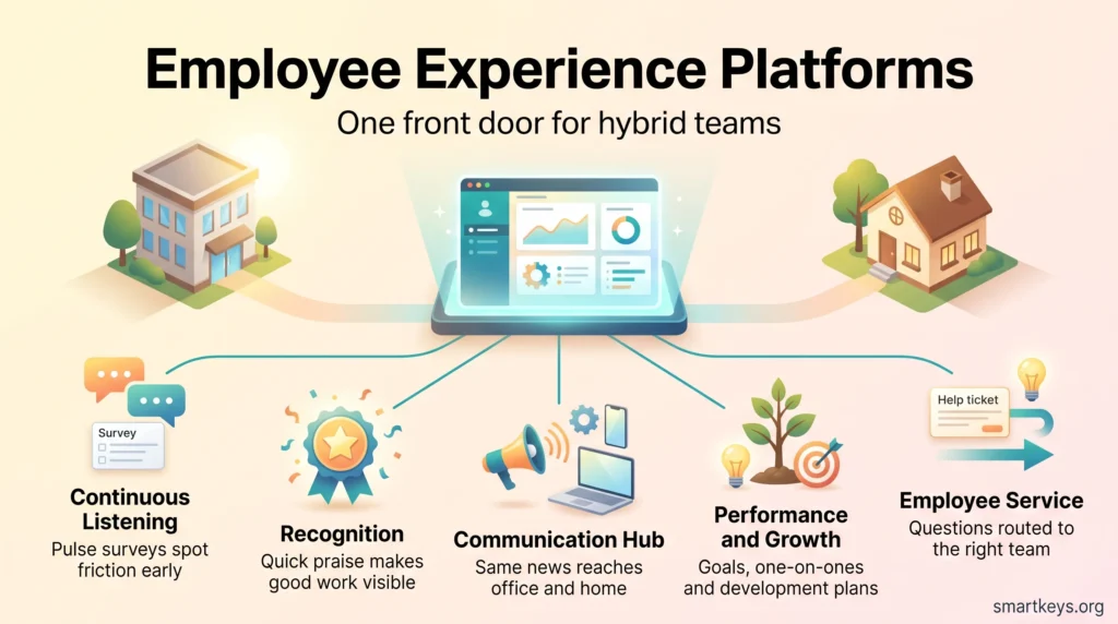 Infographic on employee experience platforms: one hub linking office and home to listening, recognition, communication, growth and employee service