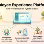 Infographic on employee experience platforms: one hub linking office and home to listening, recognition, communication, growth and employee service