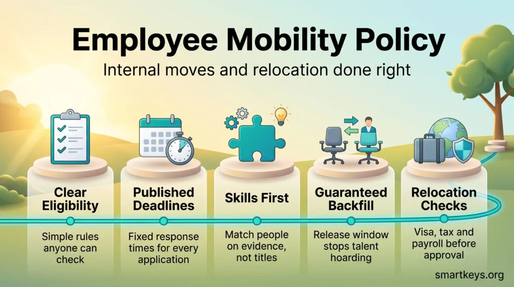 Employee mobility policy infographic showing five steps along a path: clear eligibility, published deadlines, skills first, guaranteed backfill and relocation checks.
