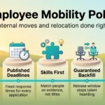 Employee Mobility Policy: Internal Moves and Relocation in 2026 Employee mobility policy infographic showing five steps along a path: clear eligibility, published deadlines, skills first, guaranteed backfill and relocation checks.