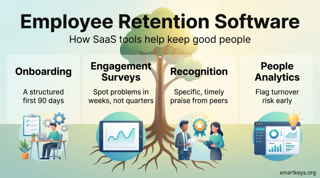 Employee retention software infographic with four pillars: onboarding, engagement surveys, recognition and people analytics, rooted in a growing tree.