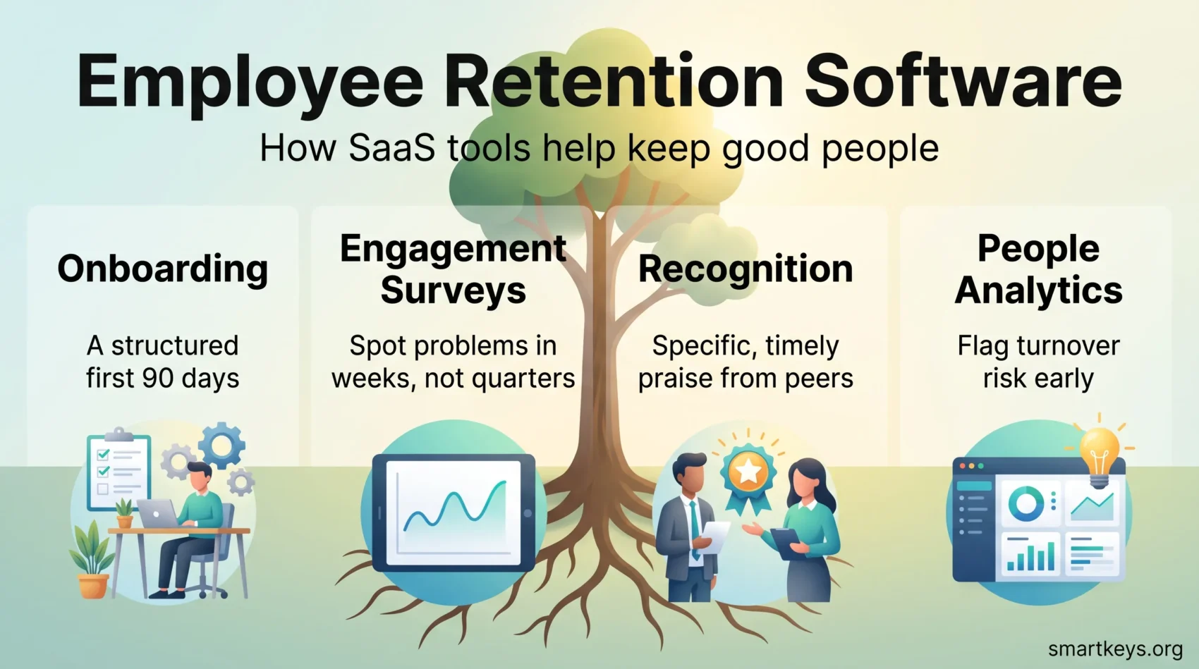 Employee retention software infographic with four pillars: onboarding, engagement surveys, recognition and people analytics, rooted in a growing tree.