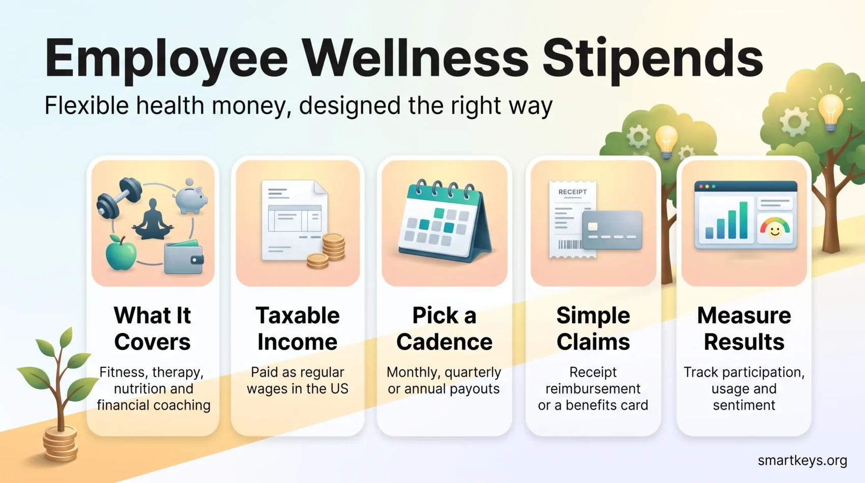 Employee wellness stipend infographic covering eligible expenses, US tax treatment, payout cadence, claim options and how to measure results.