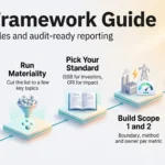 ESG framework infographic showing five steps on a rising staircase: find who is asking, run materiality, pick your standard, build Scope 1 and 2, publish.
