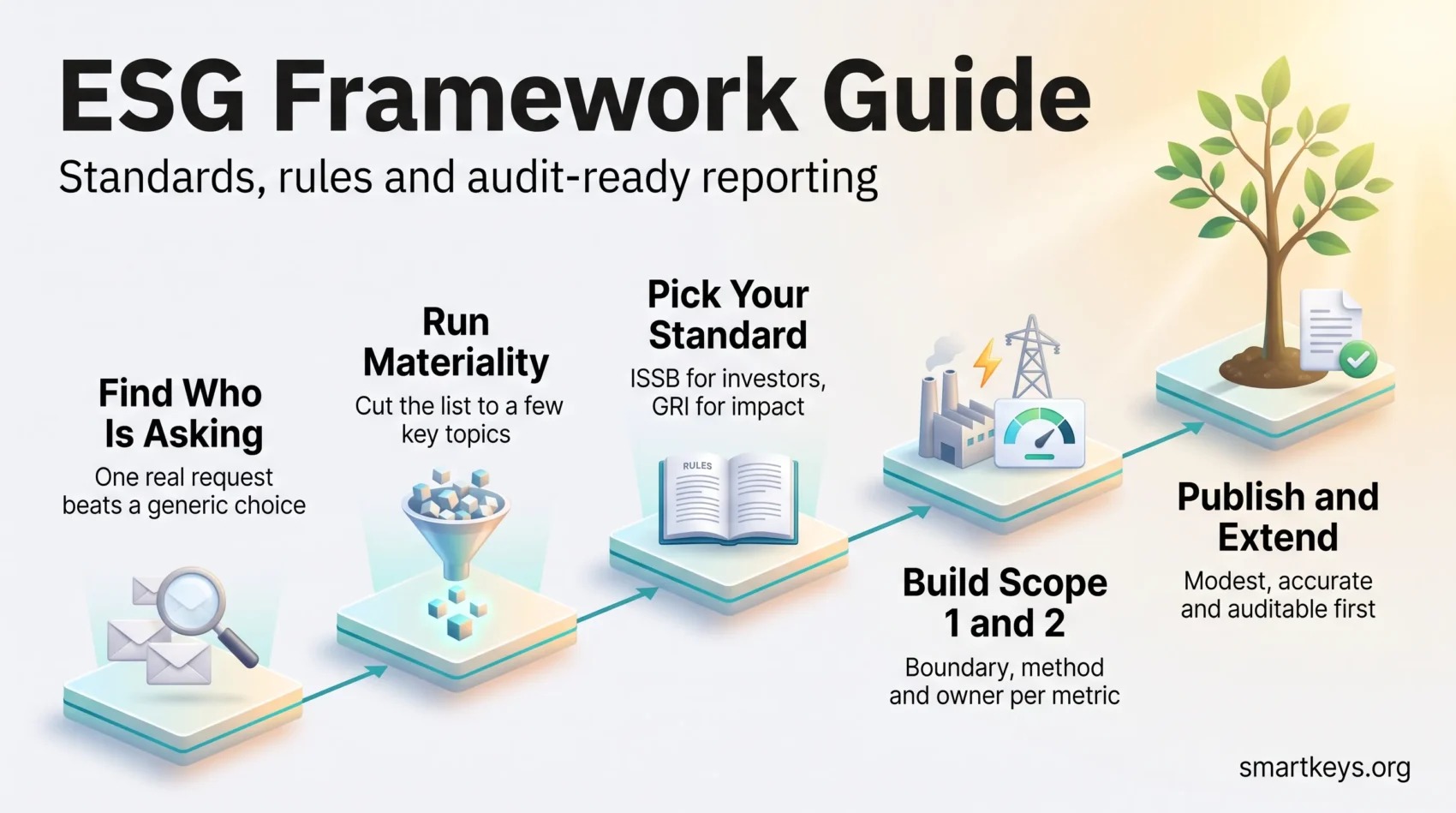 ESG framework infographic showing five steps on a rising staircase: find who is asking, run materiality, pick your standard, build Scope 1 and 2, publish.
