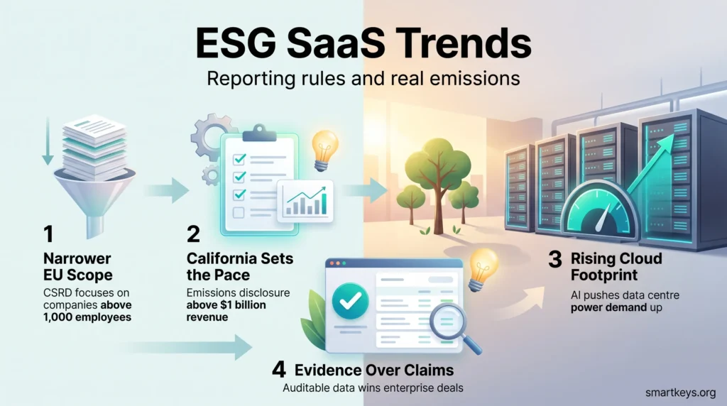 Infographic on ESG SaaS trends: narrower EU reporting scope, California emissions rules, rising data centre power demand and auditable ESG data.