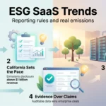 ESG SaaS Trends 2026: Reporting Rules and Real Emissions Infographic on ESG SaaS trends: narrower EU reporting scope, California emissions rules, rising data centre power demand and auditable ESG data.