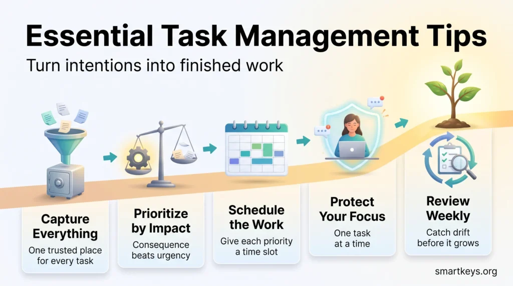 Infographic of essential task management tips in five steps: capture everything, prioritize by impact, schedule the work, protect your focus and review weekly.