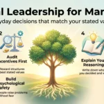 Ethical leadership infographic: a growing tree surrounded by five manager habits, from leading by example and auditing incentives to measuring what matters.