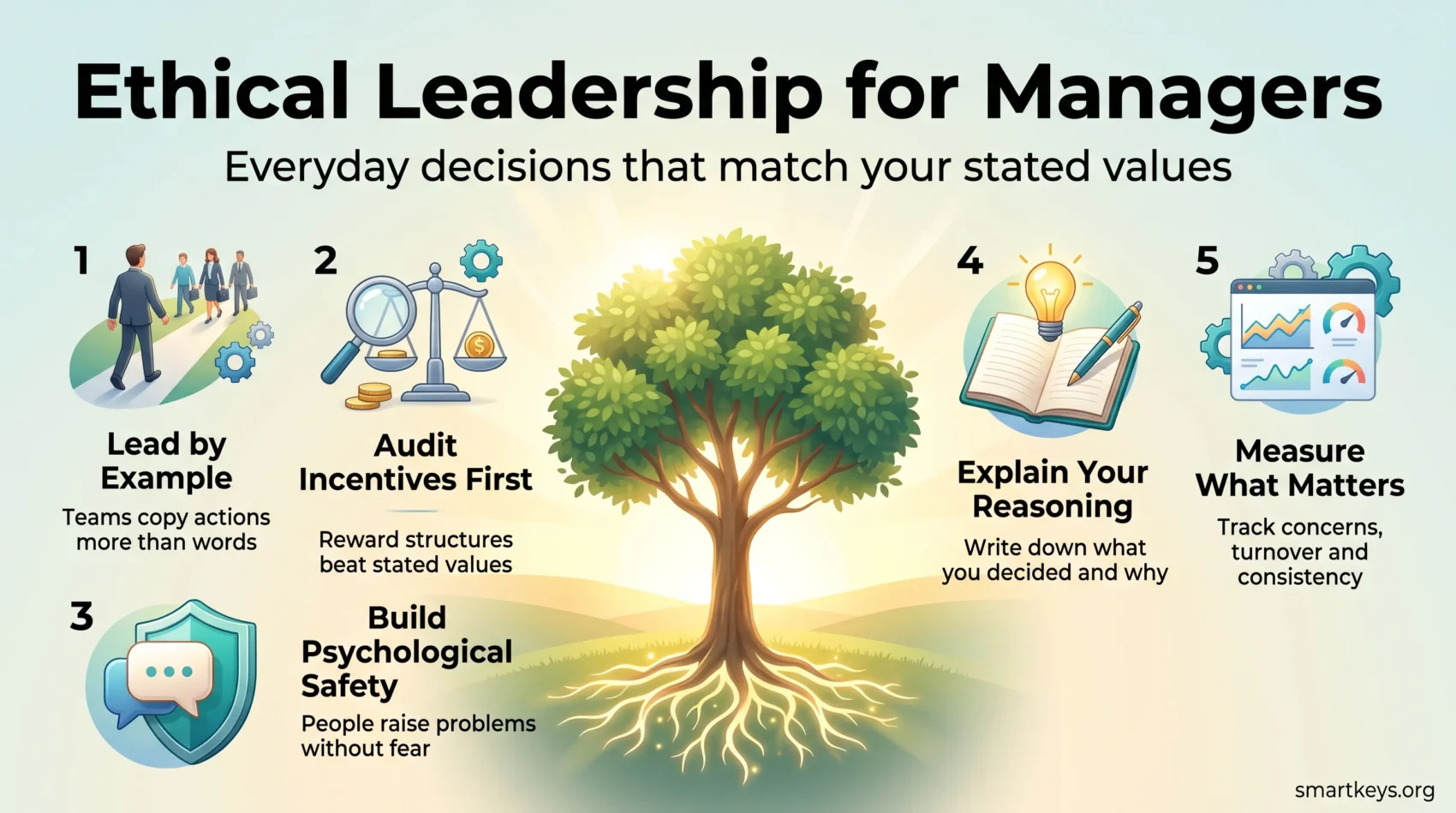 Ethical leadership infographic: a growing tree surrounded by five manager habits, from leading by example and auditing incentives to measuring what matters.