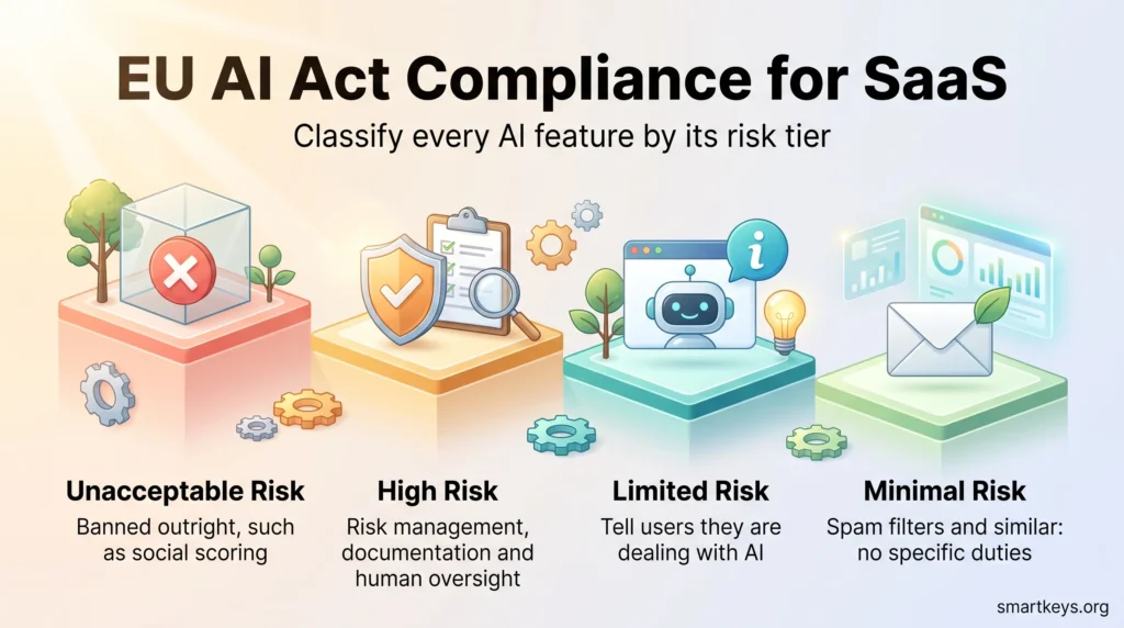 Infographic showing EU AI Act compliance for SaaS as four risk tiers, from banned unacceptable risk through high and limited risk to minimal risk.