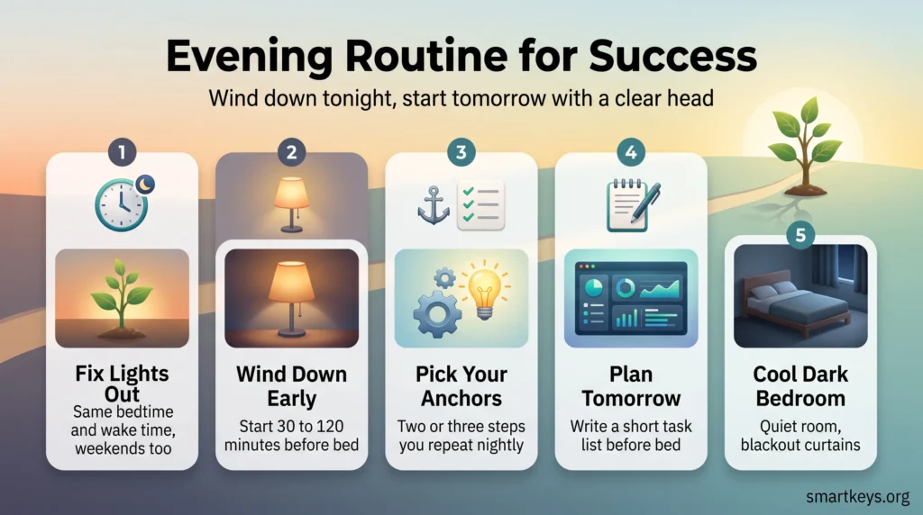 Evening routine infographic with five steps: fix lights out, wind down early, pick your anchors, plan tomorrow and keep a cool, dark bedroom.
