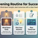 Evening routine infographic with five steps: fix lights out, wind down early, pick your anchors, plan tomorrow and keep a cool, dark bedroom.