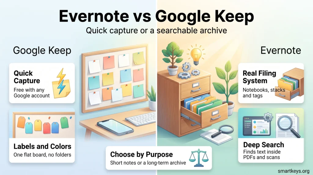 Evernote vs Google Keep infographic comparing Google Keep's quick capture and flat labels with Evernote's notebooks, tags and deep search.