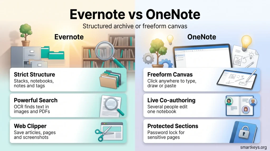Evernote vs OneNote infographic comparing Evernote's structure, OCR search and web clipper with OneNote's freeform canvas, co-authoring and protected sections.