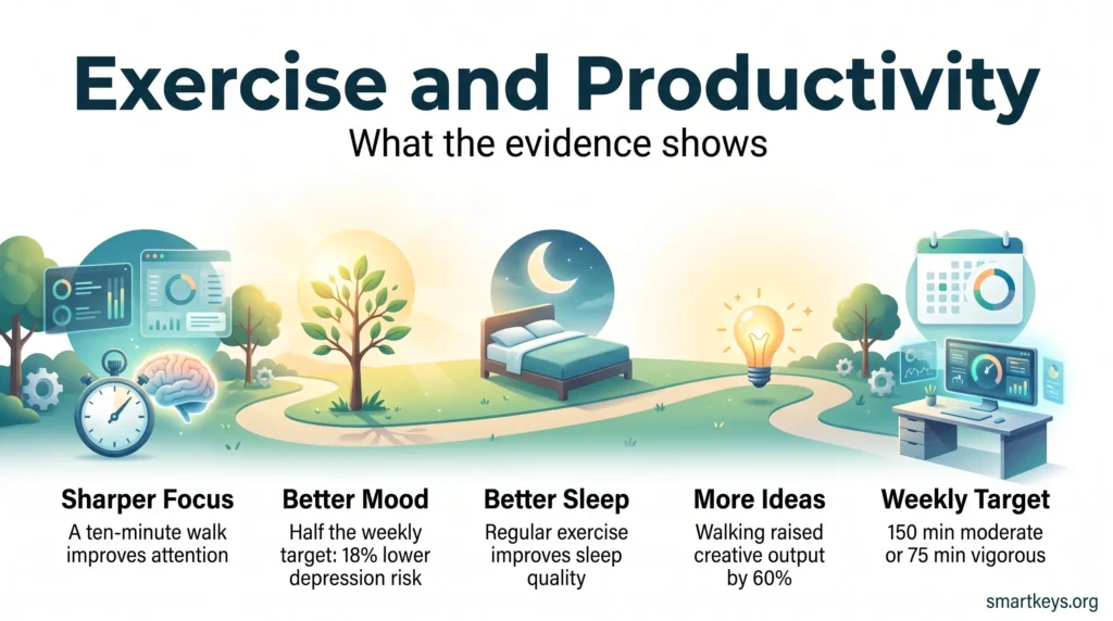 Infographic on exercise and productivity: a walking path linking regular movement to sharper focus, better mood, better sleep and more creative ideas.