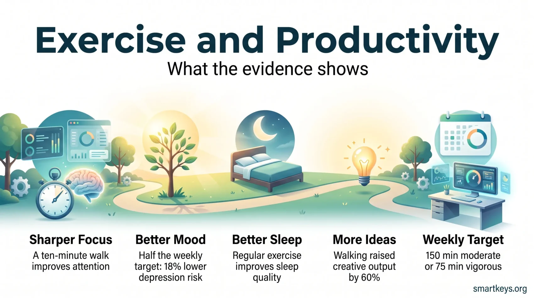 Infographic on exercise and productivity: a walking path linking regular movement to sharper focus, better mood, better sleep and more creative ideas.