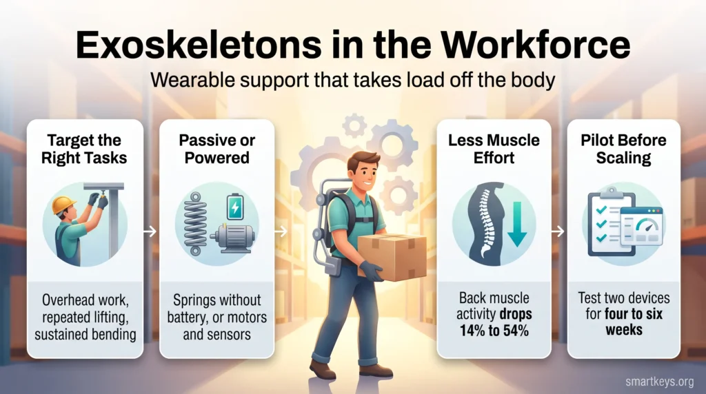 Infographic on exoskeletons in the workforce: target overhead and lifting tasks, choose passive or powered support, cut back muscle effort, pilot first.