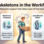 Exoskeletons in the Workforce 2026: Augmenting Human Labor in Industry Infographic on exoskeletons in the workforce: target overhead and lifting tasks, choose passive or powered support, cut back muscle effort, pilot first.