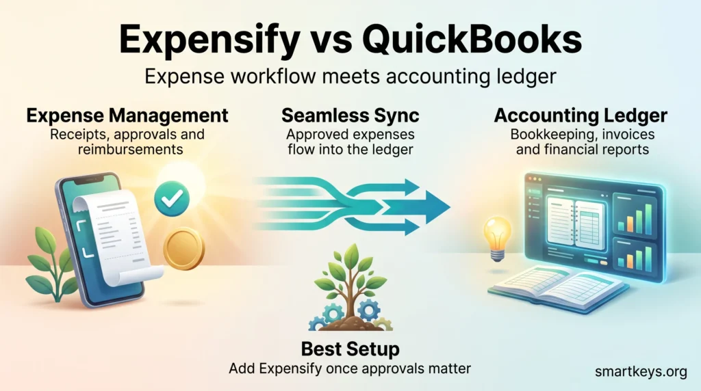 Expensify vs QuickBooks infographic: Expensify handles receipts and approvals, QuickBooks runs the accounting ledger, and approved expenses sync between them.