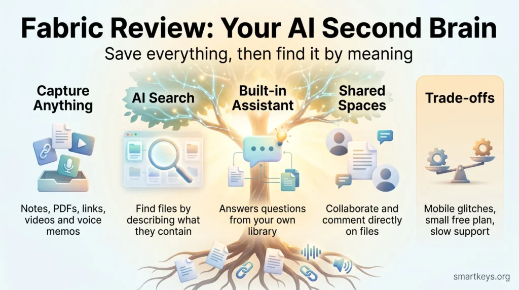 Fabric review infographic showing how the AI second brain captures content, searches by meaning, answers questions and shares spaces, plus key trade-offs.