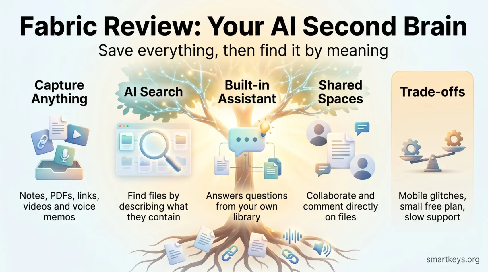 Fabric review infographic showing how the AI second brain captures content, searches by meaning, answers questions and shares spaces, plus key trade-offs.