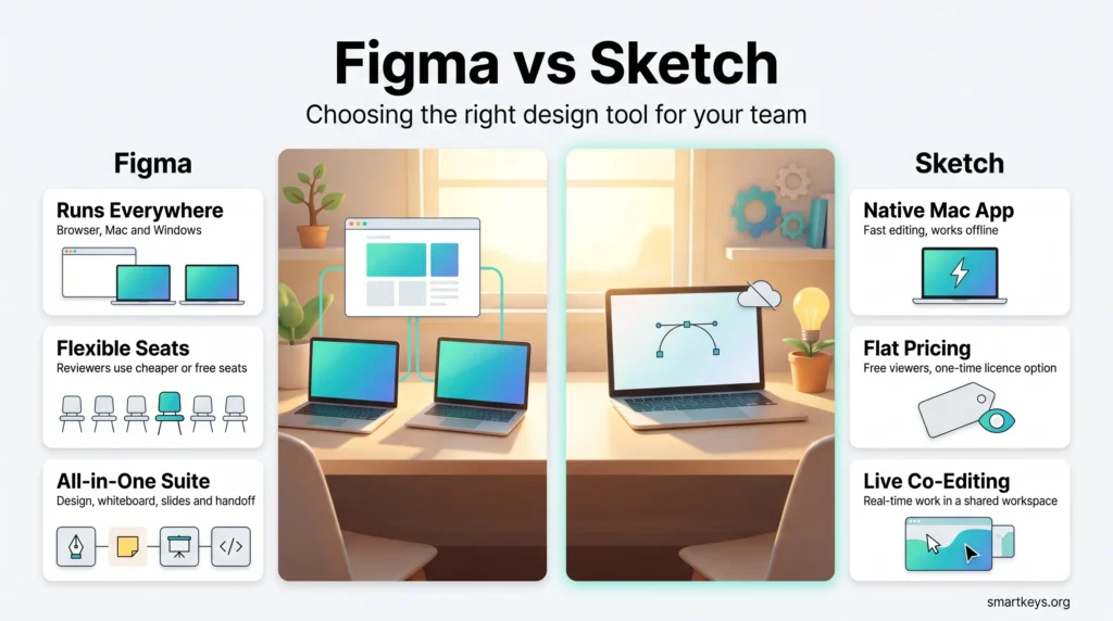Figma vs Sketch infographic comparing Figma's cross-platform reach, flexible seats and suite with Sketch's native Mac app, flat pricing and live co-editing