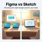 Figma vs Sketch infographic comparing Figma's cross-platform reach, flexible seats and suite with Sketch's native Mac app, flat pricing and live co-editing