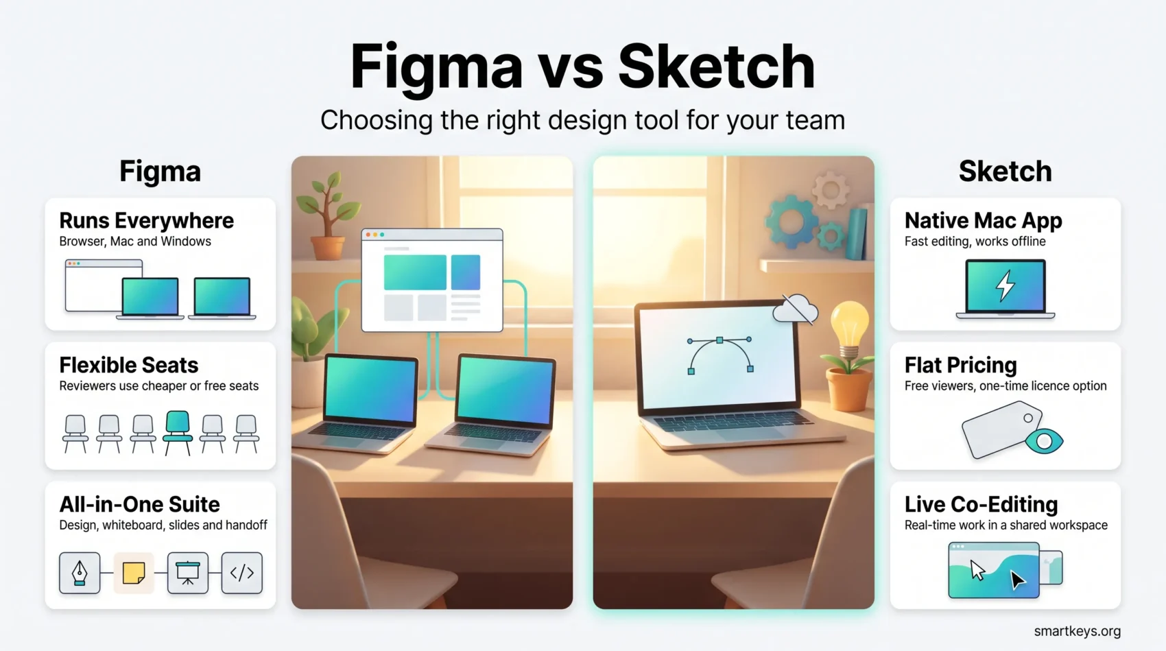 Figma vs Sketch infographic comparing Figma's cross-platform reach, flexible seats and suite with Sketch's native Mac app, flat pricing and live co-editing