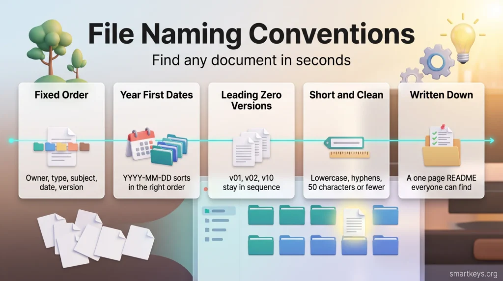 Infographic on file naming conventions: fixed element order, year first dates, leading zero versions, short lowercase names and a written README.