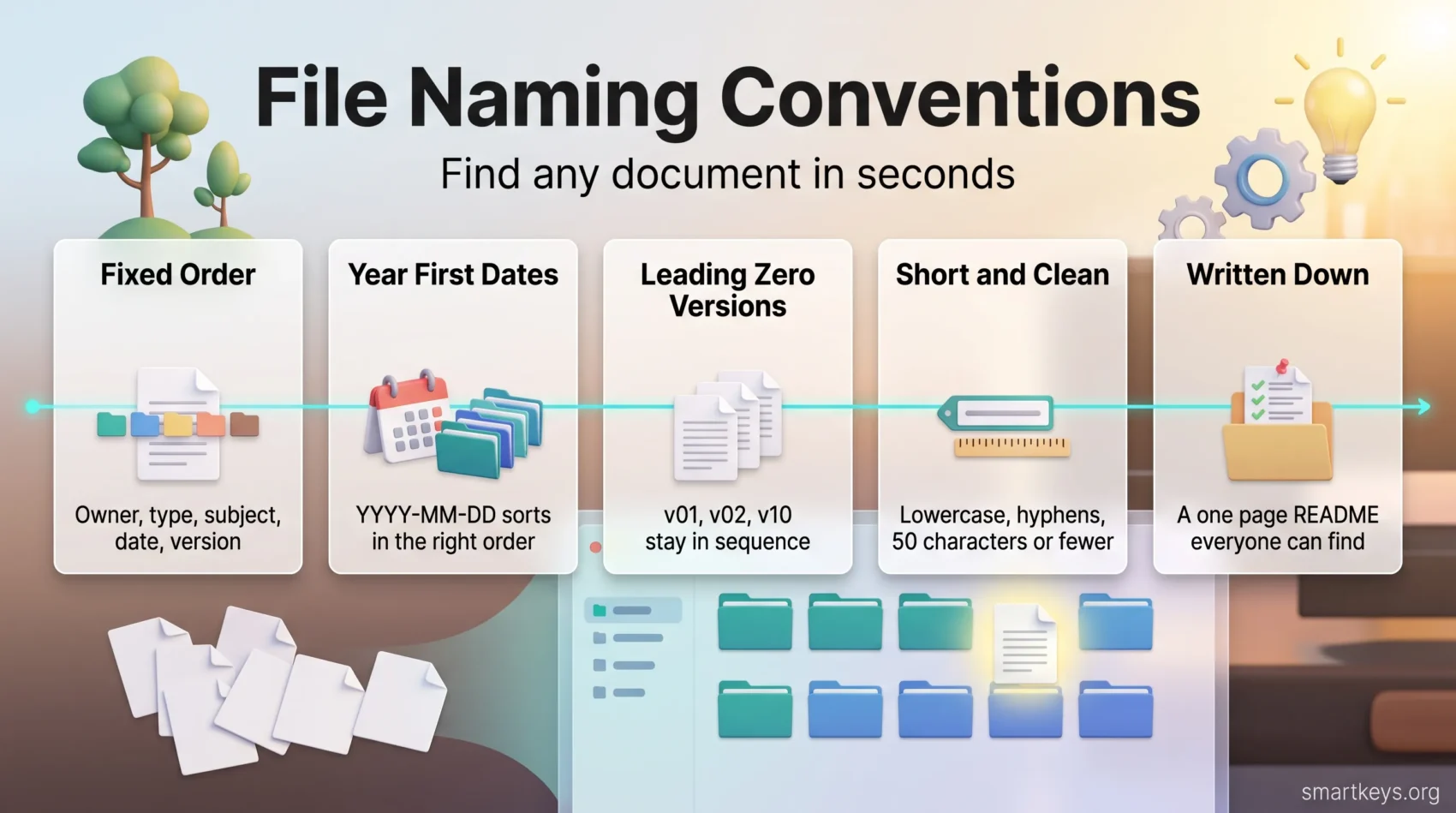 Infographic on file naming conventions: fixed element order, year first dates, leading zero versions, short lowercase names and a written README.