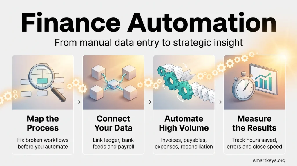 Finance automation infographic showing four steps: map the process, connect your data, automate high-volume accounting tasks and measure the results.