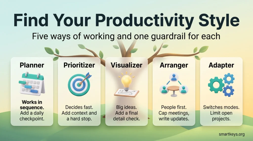 Infographic on five productivity styles: Planner, Prioritizer, Visualizer, Arranger and Adapter, each with a simple guardrail for its blind spot.