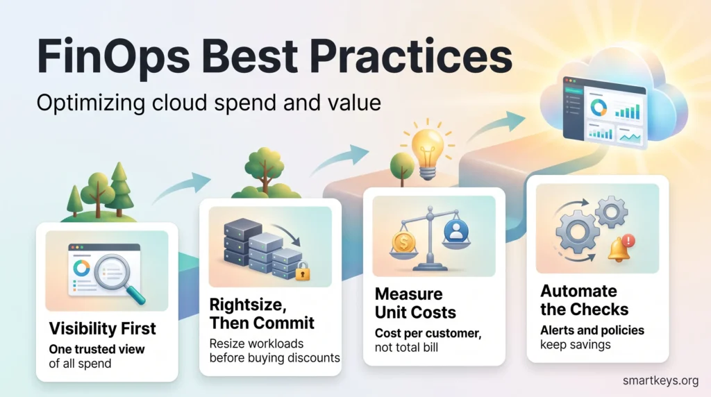 Infographic on FinOps best practices: start with visibility, rightsize before committing, measure unit costs and automate checks to optimize cloud spend.