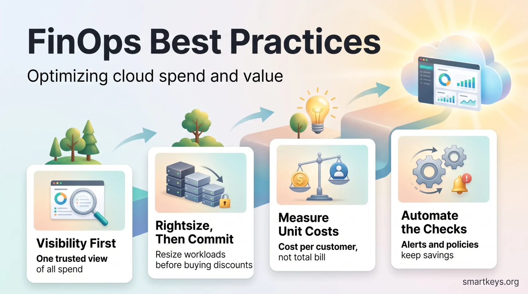 Infographic on FinOps best practices: start with visibility, rightsize before committing, measure unit costs and automate checks to optimize cloud spend.