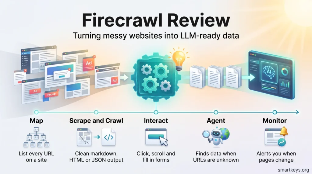 Firecrawl review infographic showing how map, scrape, crawl, interact, agent and monitor turn messy websites into LLM-ready data for AI agents.