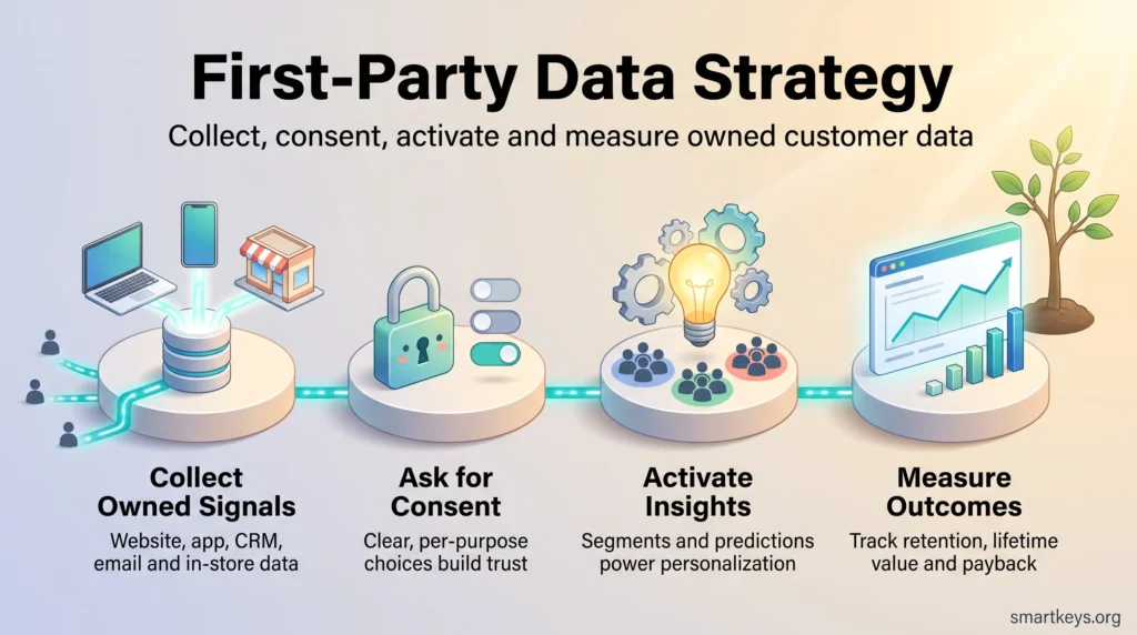 First-party data strategy infographic showing four steps: collect owned signals, ask for consent, activate insights and measure outcomes like retention.