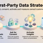 First-Party Data Strategy in 2026: A Practical Guide First-party data strategy infographic showing four steps: collect owned signals, ask for consent, activate insights and measure outcomes like retention.