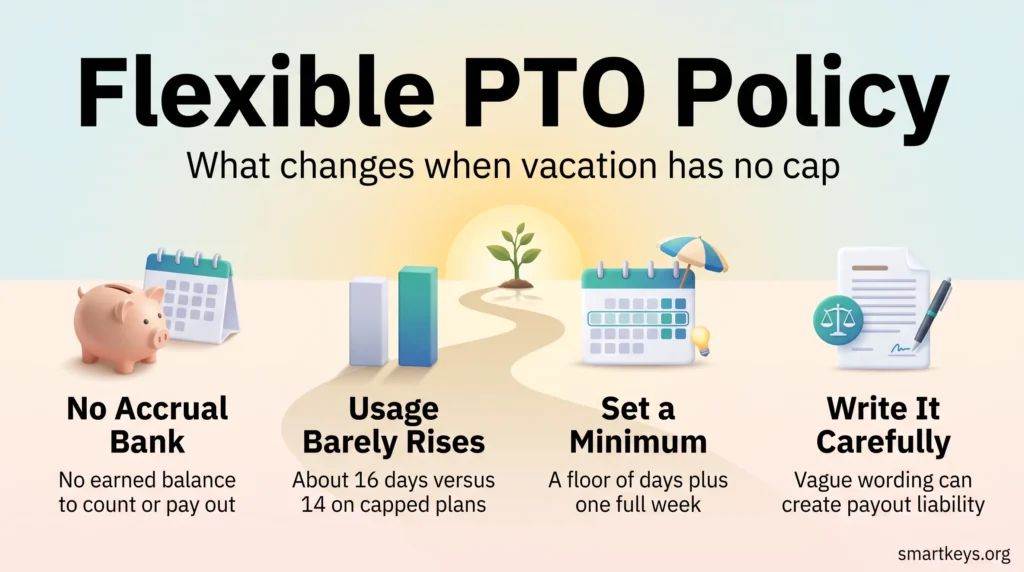 Flexible PTO policy infographic: no accrual bank, usage barely rises, set a minimum number of days and write the policy carefully.